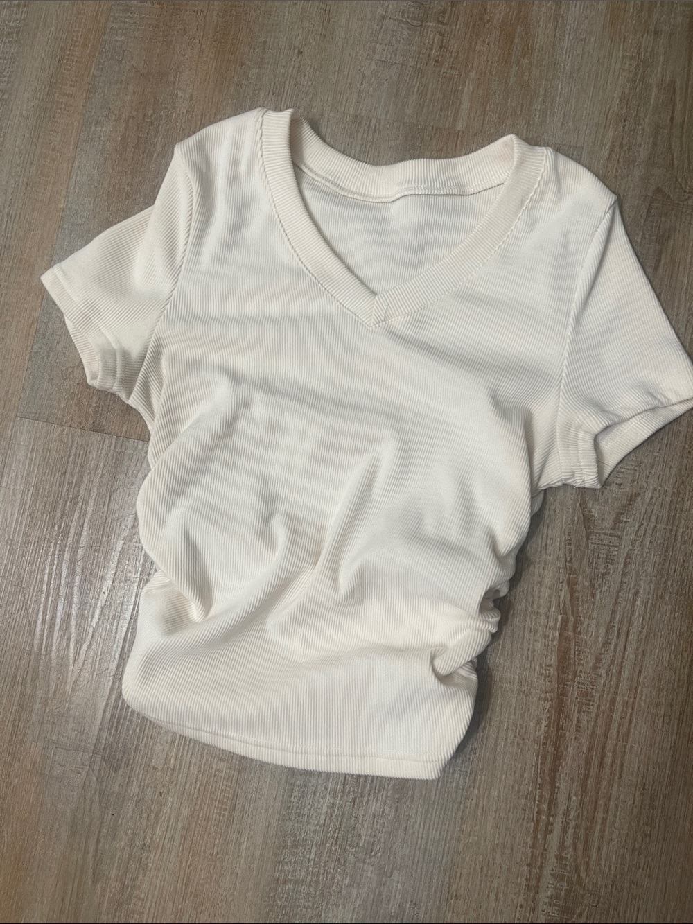 Cream Ribbed V-Neck Short Sleeve crop Top
